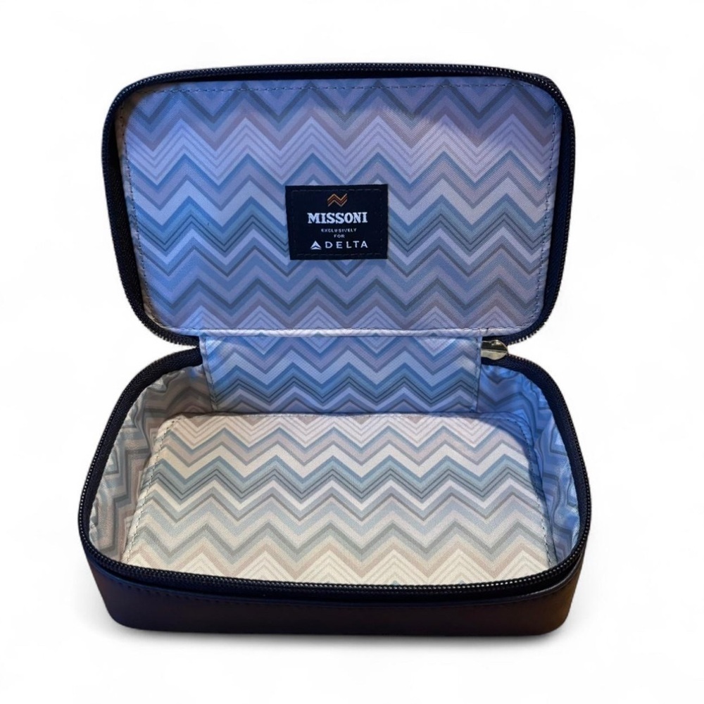Missoni Delta Structured Cosmetic Case Zip Closure Navy Blue Chevron - Picture 2 of 6